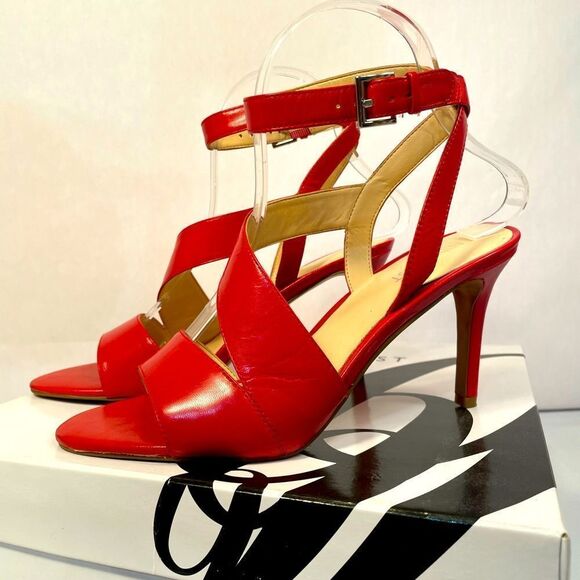 RED LEATHER STRAPPY 3” HEELS ANKLE STRAP BY NINE WEST SIZE 7 EUC - Picture 1 of 6